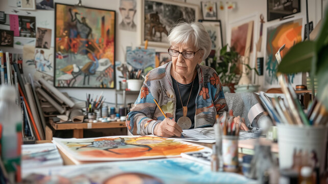 A Retired Woman Draws in Her Art Studio