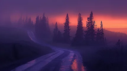 Foto op Plexiglas Mysterious Foggy Road Leading Through Silhouetted Pine Trees Under a Magenta Sky at Twilight © Ross