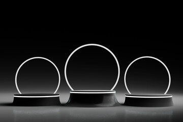 3D black pedestal podium set for cosmetic product display presentation.