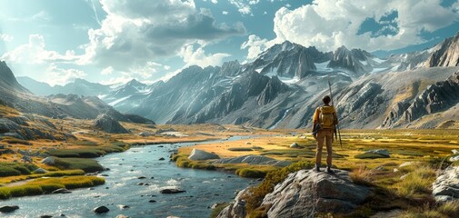 Man Standing on Top of a Mountain by a River. Generative AI - Powered by Adobe