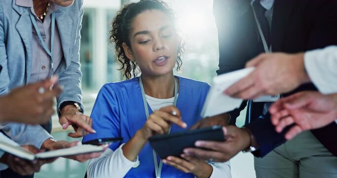 Chaos, nurse and talking with medical paperwork for signature, health communication and help from doctor. Busy, team and healthcare consultant with conversation and overwhelming agenda with overwork