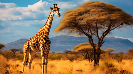 Obraz premium Giraffe in the Savannah: A Majestic Display of Nature's Unfading Charm and Beauty