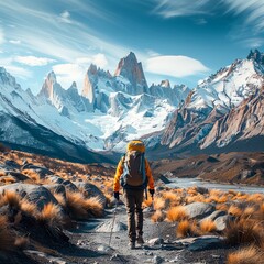 Man Hiking Up Mountain Trail. Generative AI - obrazy, fototapety, plakaty