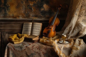 Still life photography of a violin and sheet music notes