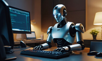 A ai Robot using computer, typing keyboard in his working room. AI generative 