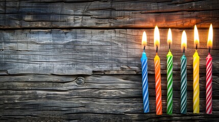 Fototapeta na wymiar Six Birthday Candles on Wooden Background Texture