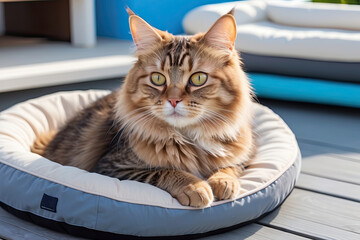 Cute fluffy and well-groomed cat on a cat bed.