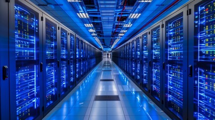 Fototapeta premium Rows of Servers in a Data Center With Blue Lights
