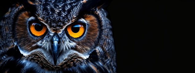 an owl face is behind a black background Generative AI
