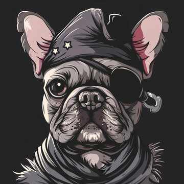 Cartoon logo of a pirate French Bulldog, skull, vector, illustration, art, cartoon, halloween, head, face, monster, tattoo, design, graffiti, drawing, angry, death, zombie, horror, paint, fun, animal
