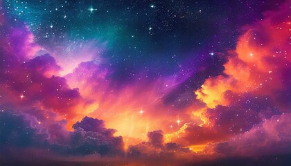 Fototapeta na wymiar Abstract colorful night sky banner - vibrant colored clouds, some stars glowing