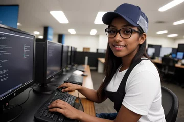 Fotobehang A young programmer girl sporting a baseball cap and glasses, in office workspace © Portrait Studio