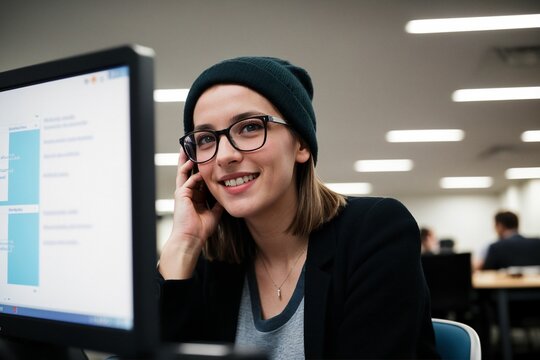 A young programmer girl sporting a baseball cap and glasses, in office workspace