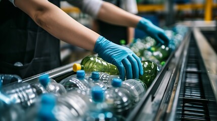 Person Wearing Gloves Picking Bottles From Conveyor Belt