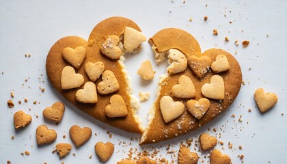 broken heart shaped sweet cookies on a white background heartbreak and unhappy love concept - obrazy, fototapety, plakaty