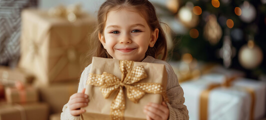 Fototapeta na wymiar A child tenderly cradles a gift box adorned with a shimmering gold bow