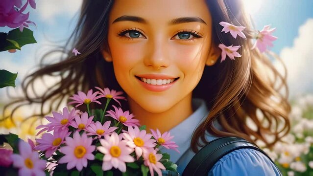 Close up smiling lady face with fresh spring flower bouquet in sunlight