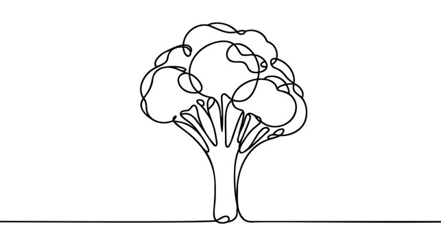 Continuous single drawn one line broccoli vegetables hand-drawn picture silhouette. Line art. Doodle