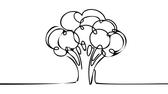 Continuous single drawn one line broccoli vegetables hand-drawn picture silhouette. Line art. Doodle