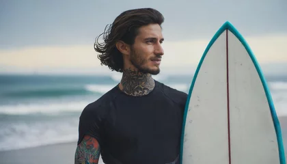 Tafelkleed Handsome young male athlete with tattoo holding surf board with wet hair on summer beach sport holiday © Marko