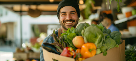 With a warm smile, the man holds a box overflowing with vibrant fresh vegetables