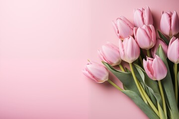 Pink tulips in pink background. top view with copy space