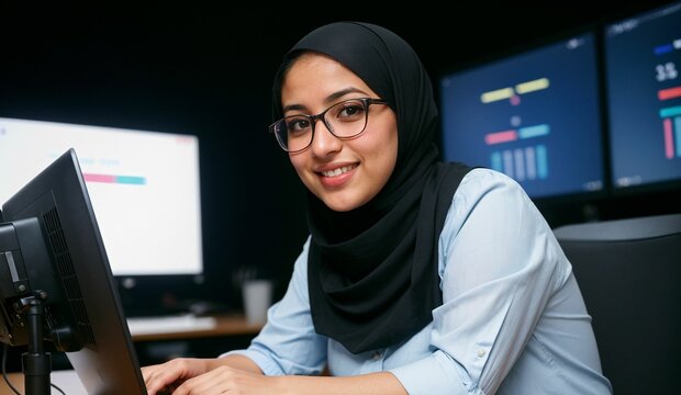 A young Muslim woman, wearing glasses and a hijab, is coding on her computer in an office, embodying diversity in tech