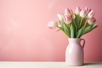 Jar with pink tulip flowers on pink background with copy space