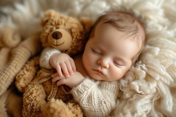 Newborn baby sleeping with teddy bear
