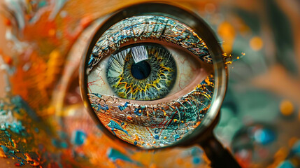 A magnifying glass revealing the complex patterns of an eyeball a symbol of our intricate view of the world - obrazy, fototapety, plakaty