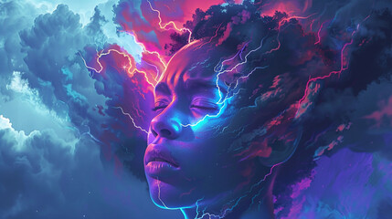 A neon storm casting its light over a pensive face the contrast of calm and turmoil