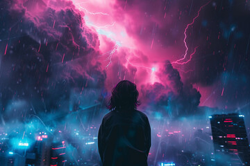 A neon storm brewing over the city with a person looking up mesmerized by the electric dance in the clouds - obrazy, fototapety, plakaty