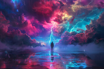 A person standing under a neon sky lightning fracturing the darkness a storm of vibrant colors