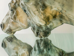 Ethereal glass horse heads sculpture capturing reflections and transparencies in a serene setting