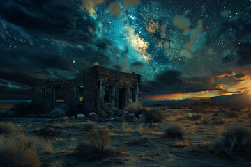 Celestial event illuminating an abandoned structure in the desert merging the past with cosmic wonders