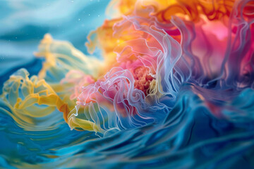 Close up on the vibrant hues of a jelly creature its body a canvas of living breathing art in the water