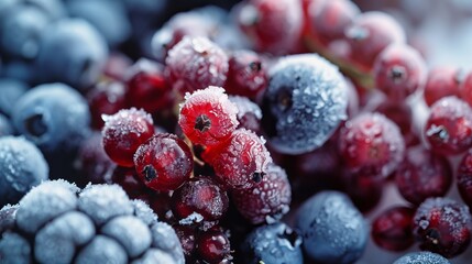 Blackcurrant, redcurrant, and blueberry in the macro view of frozen berries