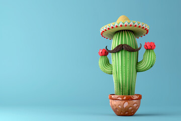 Green smiling cactus wearing a colorful wide-brimmed Mexican sombrero hat and bushy mustache against a solid blue background for Cinco de Mayo festivities