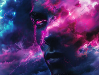 The clash of neon lightning against dark clouds a close up on a determined face braving the storm