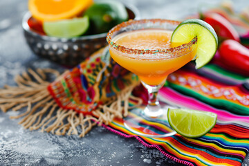 Vibrant tropical cocktail garnished with fruit resting on a brightly patterned Mexican serape poncho with long fringes, contrasting beautifully against the traditional blanket's rich colors