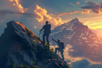 Hiker helping friend reach the mountain top, Generative Ai illustration .