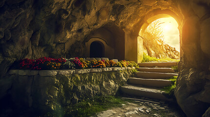 Enterance interior of the grand royal easter christian tomb,happy easter cross, easter christian risen, happy easter religious, easter empty tomb, with flowers in the enterance sunrays coming.