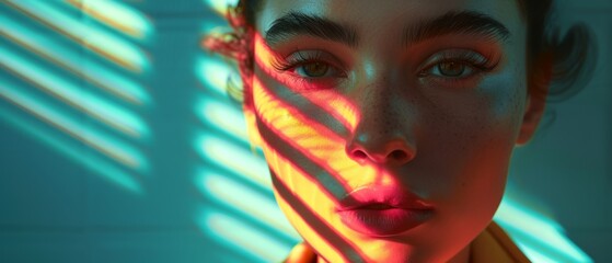 Closed up portrait of a girl with luxurious mint and pink gradient lighting