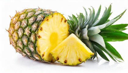 whole pineapple and pineapple slice pineapple with leaves isolate on white full depth of field