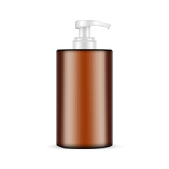Plastic Amber Pump Bottle Mockup For Liquid Soap Or Shampoo, Isolated On White Background. Vector Illustration
