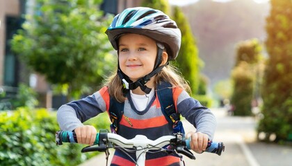 Cute little girl in bicycle helmet having fun by riding bicycle