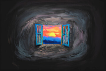 Sad room with a window opening to colorful and happy landscape, concept for hope, remission, optimism - AI Generated - obrazy, fototapety, plakaty
