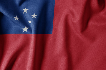 National Flag on Textured Fabric Background. Silk textured flag, realistic wave and flag look. WS  Flag of Samoa