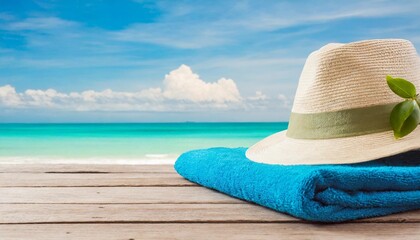 blue towel with hat and summer beach