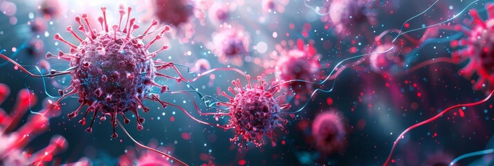 Microscopic View of Viruses. Detailed 3D render of viruses at a microscopic level with a focus on the structure and connections.